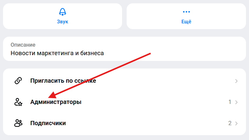 Экран назначения бота администратором канала в MAX